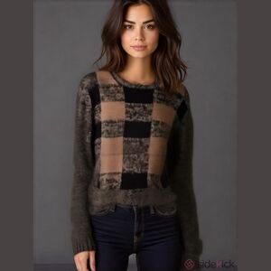𝅺GARCONNE Check Black & Beige Chunky Knit Cropped Boxy Fit Sweater Large